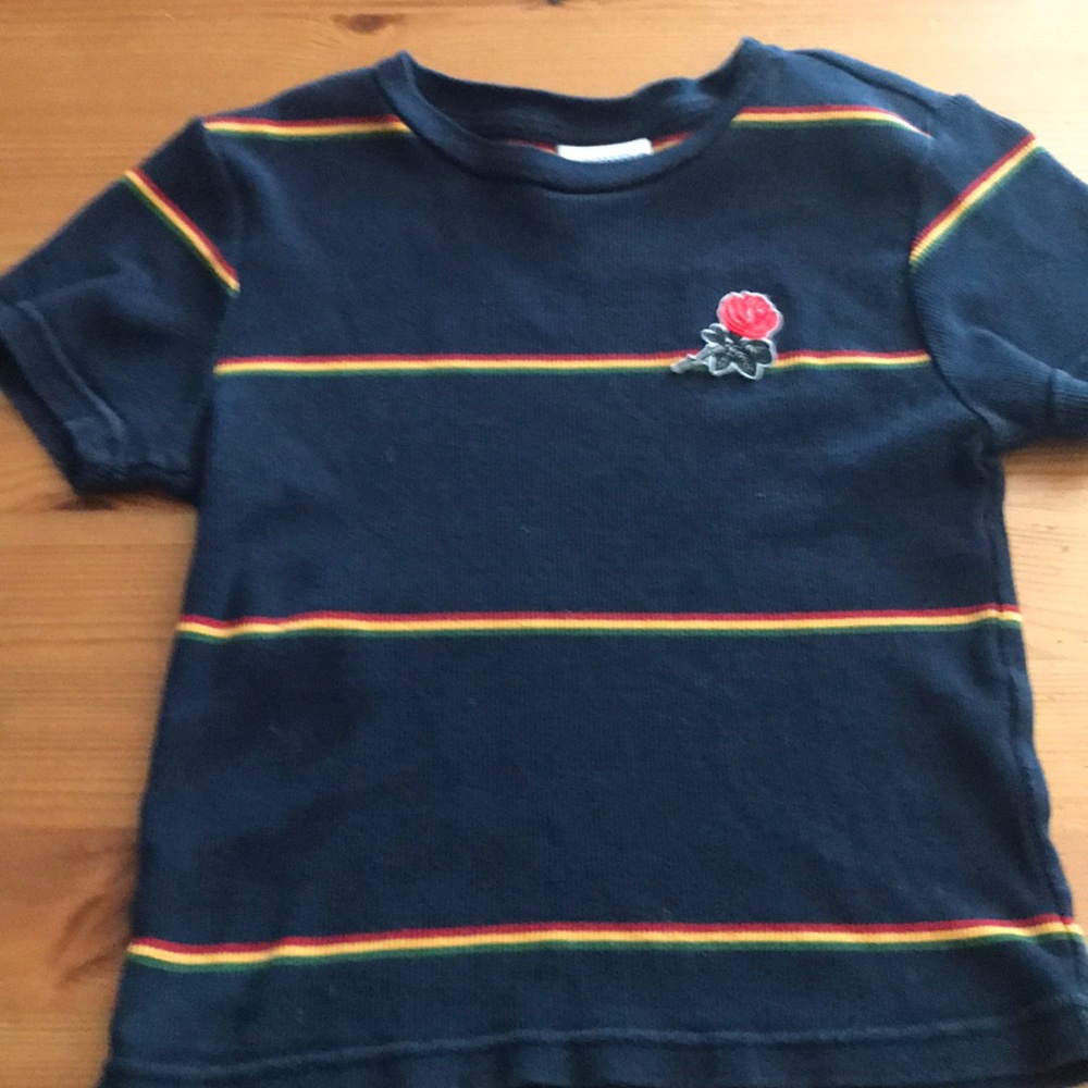 Blue with rainbow stripes and a rose crop top